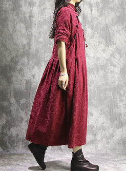 Vintage Solid Color Stand Collar Loose A Line Dress