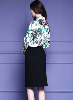Brief Printed Long Sleeve Top & Black Sheath Midi Skirt