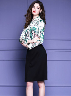 Brief Printed Long Sleeve Top & Black Sheath Midi Skirt