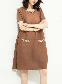 Khaki Solid Color Short Sleeve Decoration Shift Dress