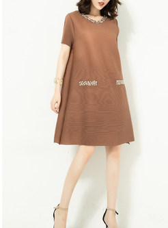 Khaki Solid Color Short Sleeve Decoration Shift Dress