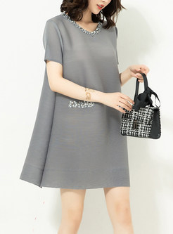Grey Solid Color Short Sleeve Decoration Shift Dress