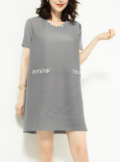 Grey Solid Color Short Sleeve Decoration Shift Dress
