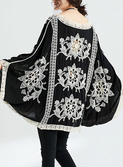 Ethnic Embroidered Hollow Out Bat Sleeve Loose Kimono