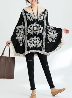 Ethnic Embroidered Hollow Out Bat Sleeve Loose Kimono