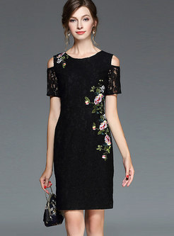 Black Off Shoulder Lace Sleeve Embroidered Sheath Dress