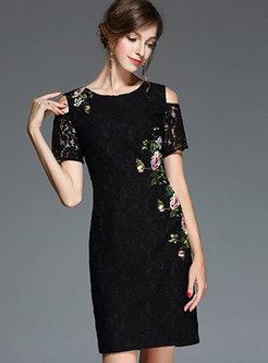 Black Off Shoulder Lace Sleeve Embroidered Sheath Dress