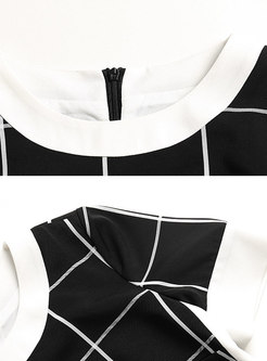 Stylish Short Sleeve Color-block Plaid Skater Dress