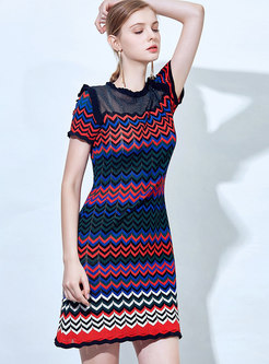 Multicolor Geometric Pattern See-through Look Skater Dress