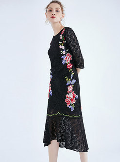 Black Lace Embroidered Three Quarters Sleeve Perspective Dress