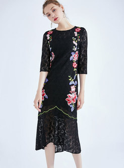 Black Lace Embroidered Three Quarters Sleeve Perspective Dress