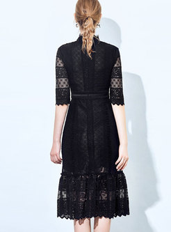 Sexy Black Lace Half Sleeve Hollow Out Perspective Dress