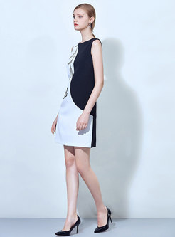Brief Black-white Blocked Cold Embroidered Dress