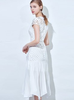 White Elegant Lace Gathered Waist Perspective Dress