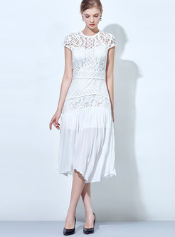 White Elegant Lace Gathered Waist Perspective Dress