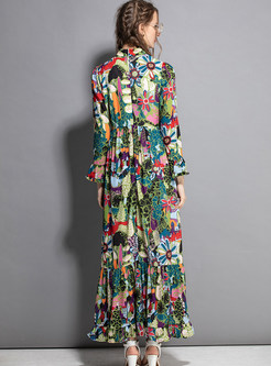 Vintage Standing Collar Print Big Hem Maxi Dress