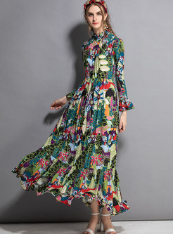 Dresses | Maxi Dresses | Vintage Standing Collar Print Big Hem Maxi Dress