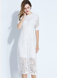 Solid Color Lace Hollow Out Dress With See-through Look