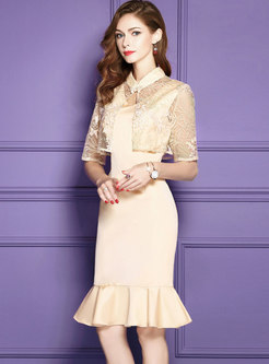 Solid Color Sleeveless Mermaid Dress With Embroidered Lace Coat