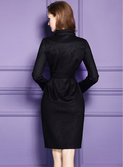 OL Sexy Black Long Sleeve Zipper-front Wrap Dress