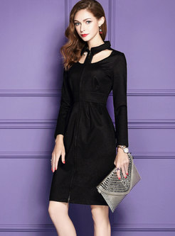 OL Sexy Black Long Sleeve Zipper-front Wrap Dress