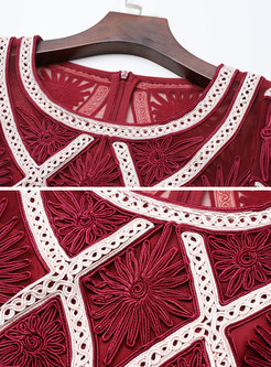 Wine Red Elegant Color-block Embroidered Sheath Dress