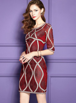 Wine Red Elegant Color-block Embroidered Sheath Dress