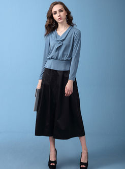 Solid Color Long Sleeve Slim Top & Black High Waist Slit Skirt