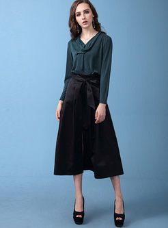 Solid Color Long Sleeve Slim Top & Black High Waist Slit Skirt