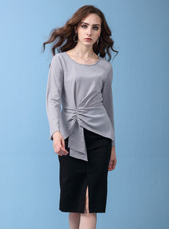 Pure Color O-neck Asymmetric Slim Top & Black Slit Sheath Skirt