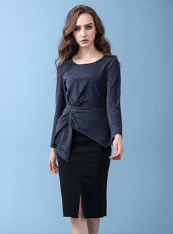 Pure Color O-neck Asymmetric Slim Top & Black Slit Sheath Skirt