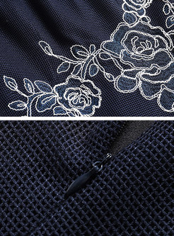 Elegant Navy Blue Sleeveless Embroidered Mesh Dress