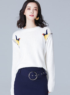 Brief White Embroidered Loose Animal Pattern Sweater