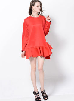 Red Long Sleeve Falbala Mini Dress