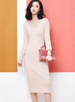 Fashion Vintage Knitted Dress With Pearl Decoration