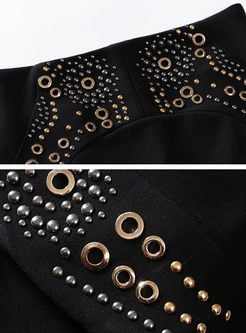 Black Drilling Zippered Slit Sheath Skirt