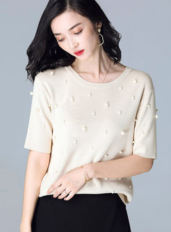Vintage Pullover Half Sleeve Top With Pearl Embellishment