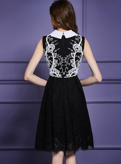 Lapel Sleeveless High Waist Embroidered Lace A Line Dress