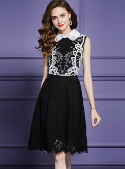 Lapel Sleeveless High Waist Embroidered Lace A Line Dress