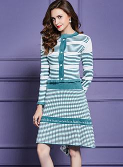 Single-breasted Striped Knitted Two Piece Outfits