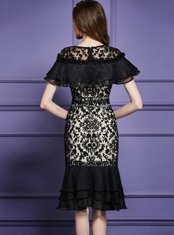 Lace Shawl Collar Splicing Embroidered Flouncing Dress