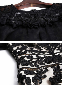 Lace Shawl Collar Splicing Embroidered Flouncing Dress