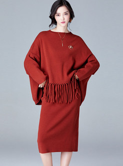 Elegant Solid Color Fringed Top & Sheath Midi Skirt