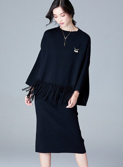 Elegant Solid Color Fringed Top & Sheath Midi Skirt