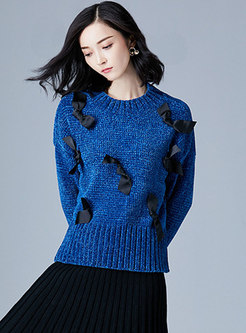 Autumn Crew-neck Straight Sweater With Bowknot Detail