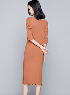Deep V-neck Solid Color All-match Skinny Knitted Dress
