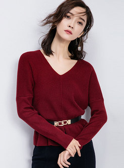 Fashionable Long Sleeve V-neck Gathered Waist Sweater