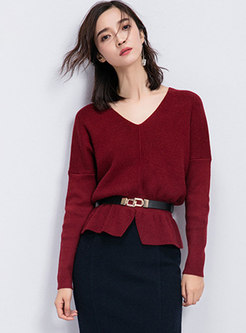 Fashionable Long Sleeve V-neck Gathered Waist Sweater
