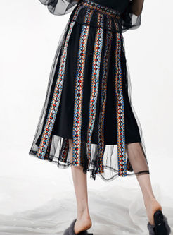 Jacquard Splicing High Waist Pleated Skirt