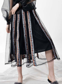 Jacquard Splicing High Waist Pleated Skirt